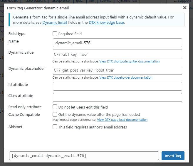 The form tag generator screen for the dynamic email form tag