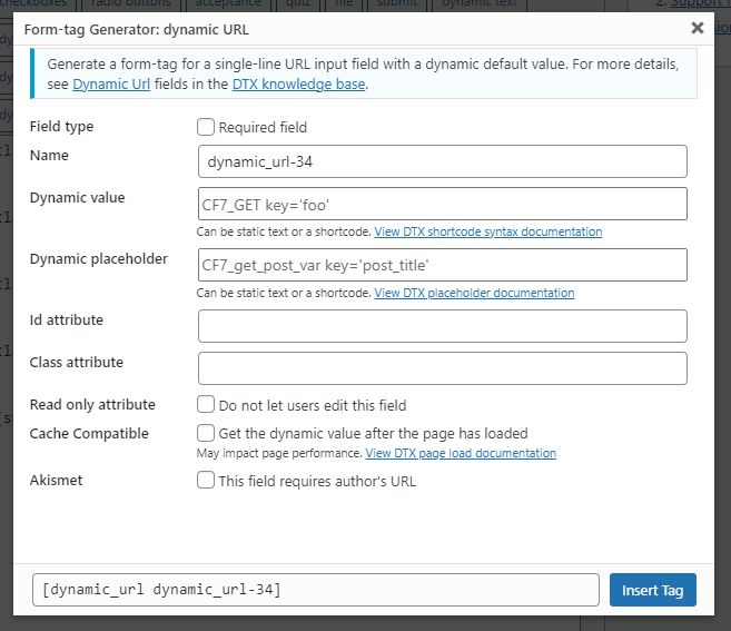 The form tag generator screen for the dynamic URL form tag