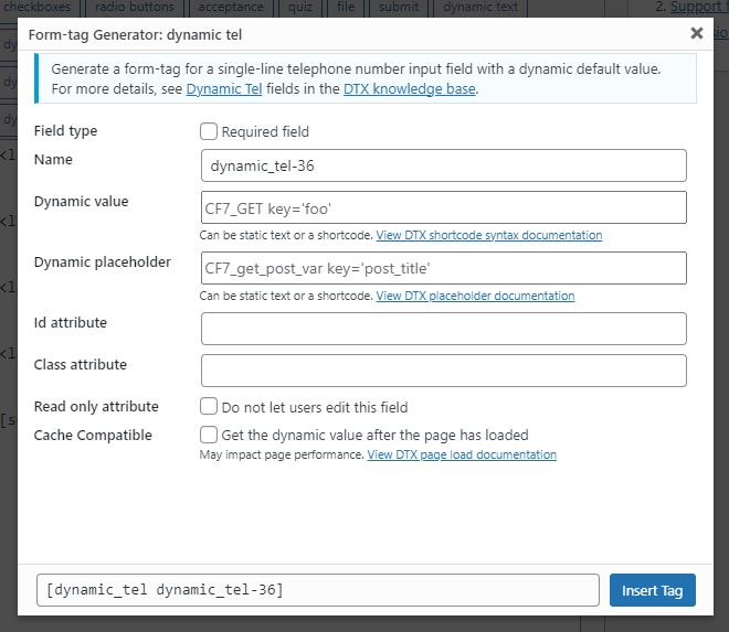 The form tag generator screen for the dynamic phone number (tel) form tag