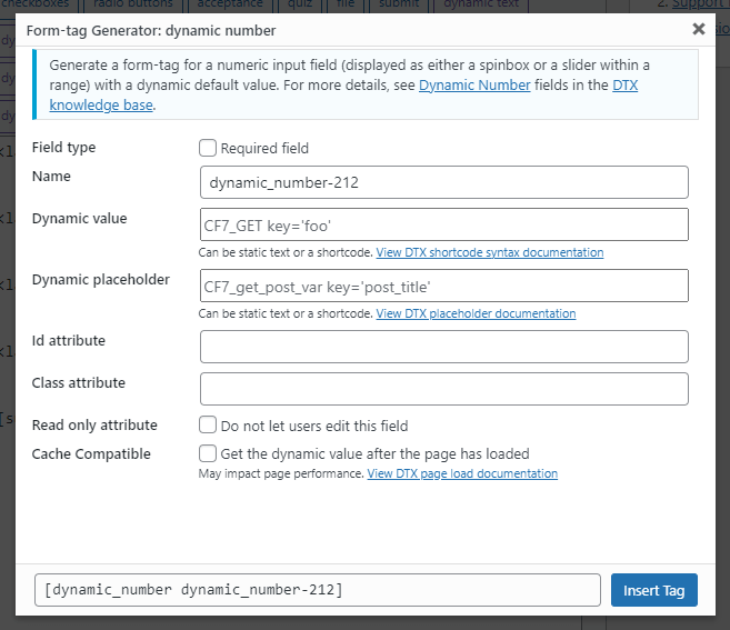 The form tag generator screen for the dynamic number spinbox form tag