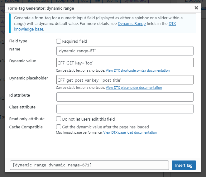 The form tag generator screen for the dynamic sliding range form tag