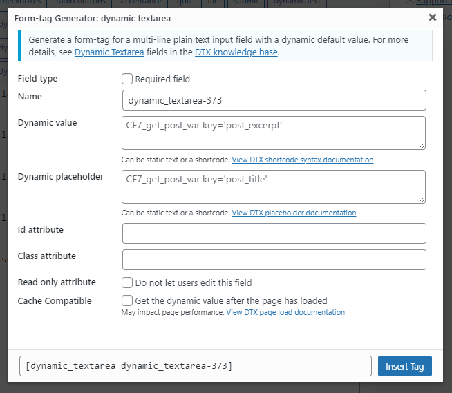 The form tag generator screen for the dynamic textarea form tag