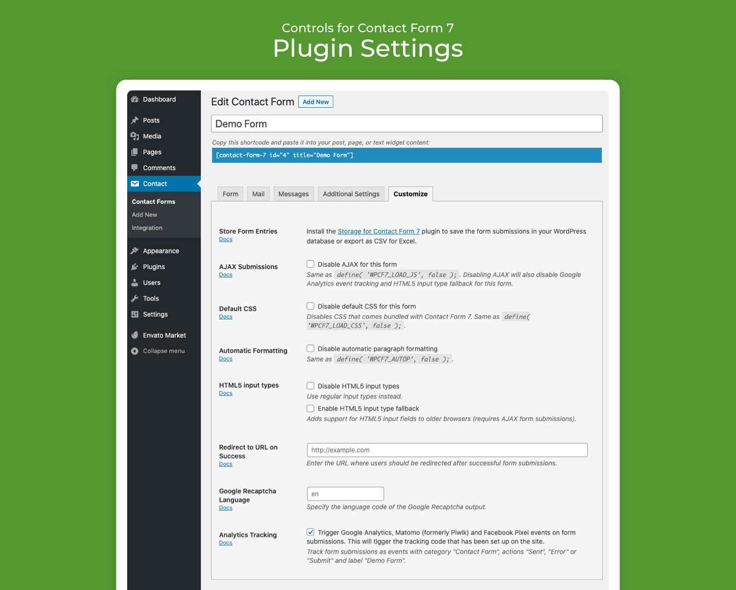 Configurações do plugin Controls for Contact Form 7.