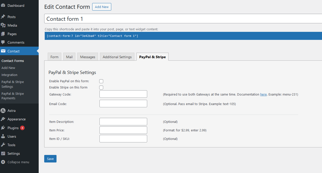 Options while editing a contact form - Note: This plugin works with both the old and new Contact Form 7 interface, screenshots from old version.