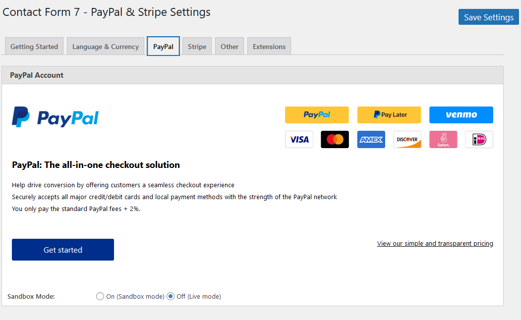 PayPal settings page