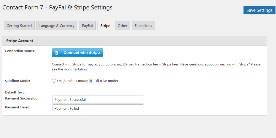 Stripe settings page