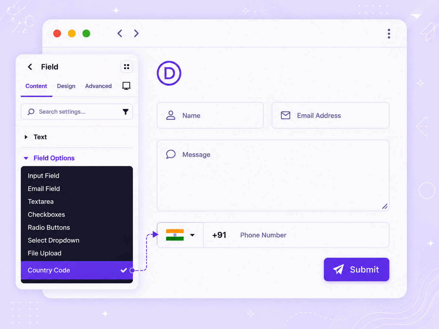 Divi Contact Form - Country Code Field