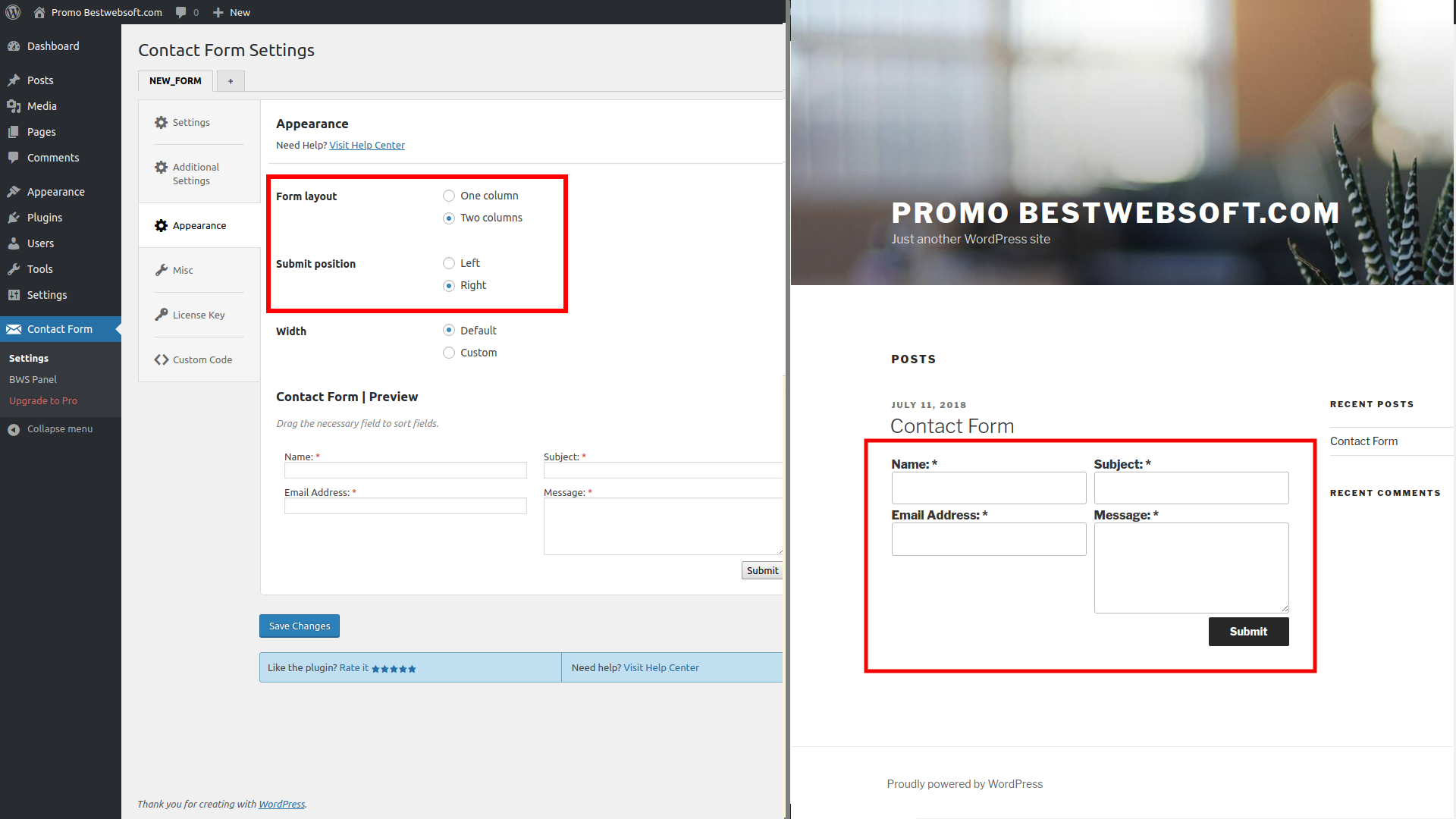 Divide your contact form fields into columns and change 'Submit' button position.