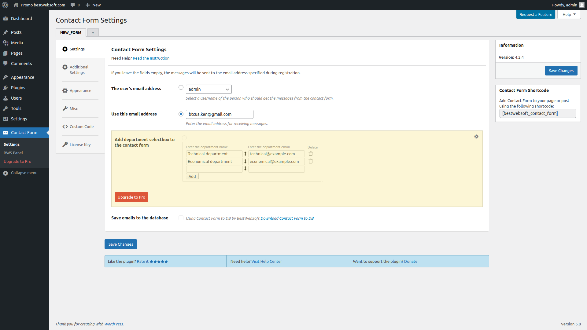 Contact Form settings page.