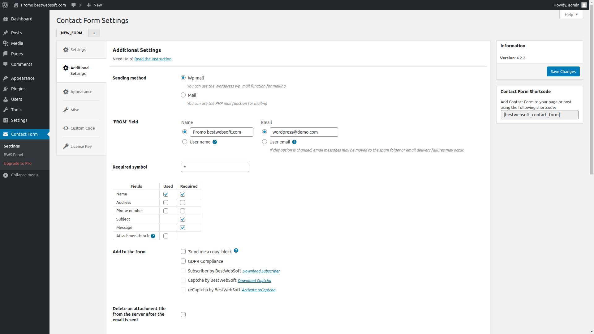 Contact Form additional settings page.