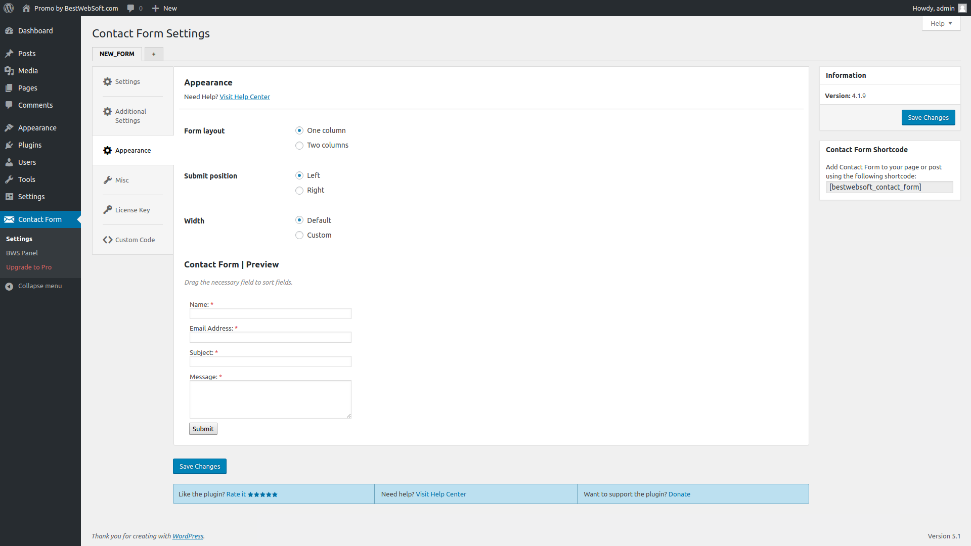 Contact Form appearance settings page.