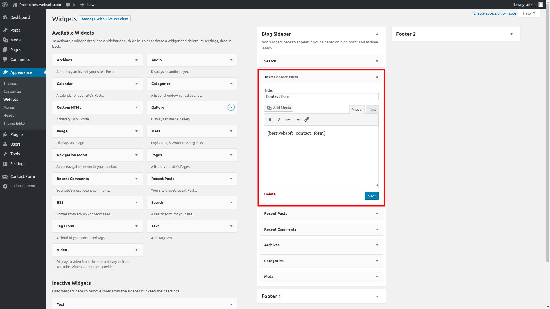 Widget settings for using shortcode in the sidebar.
