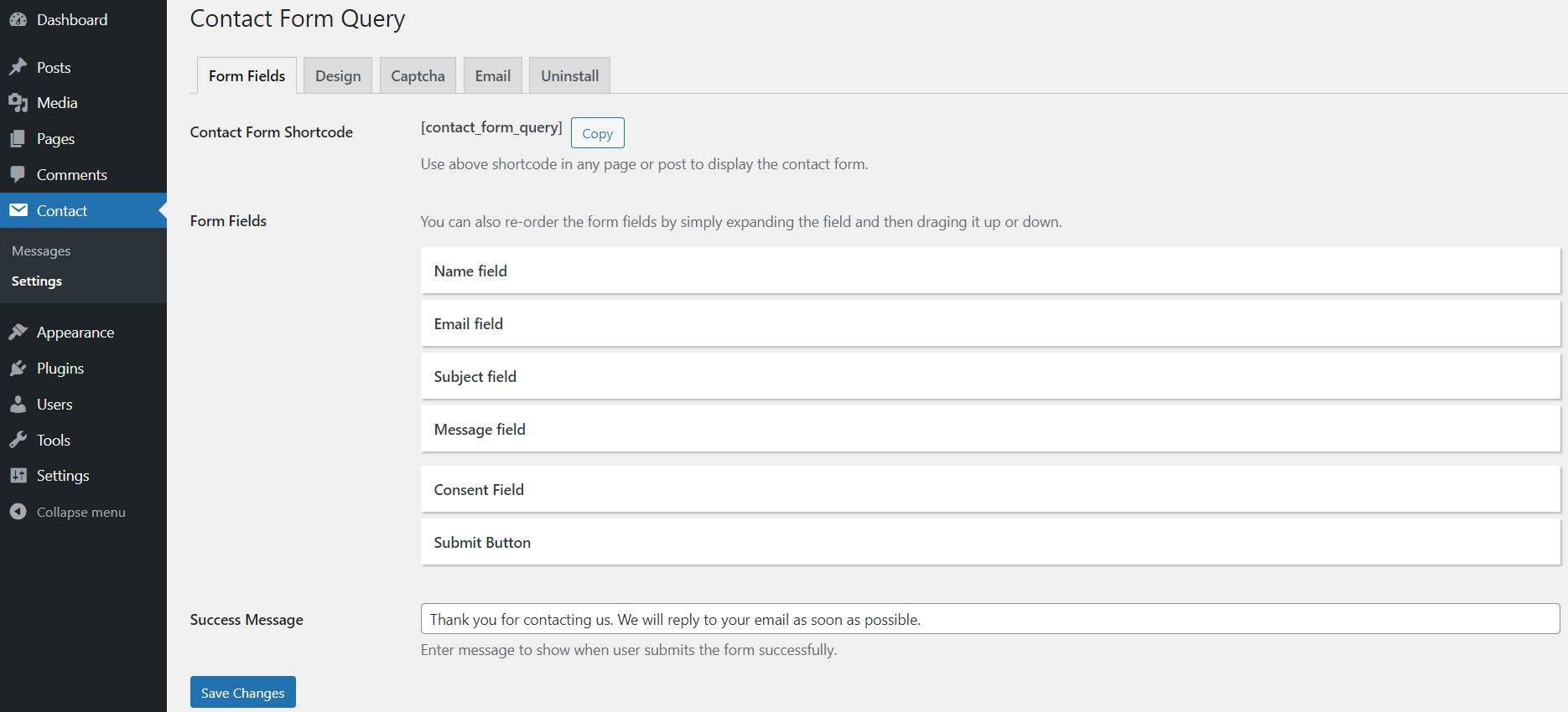 Contact Form Fields Settings