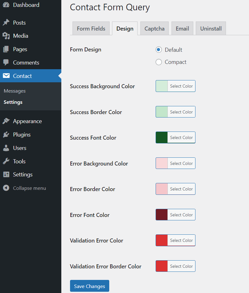 Contact Form Design Settings