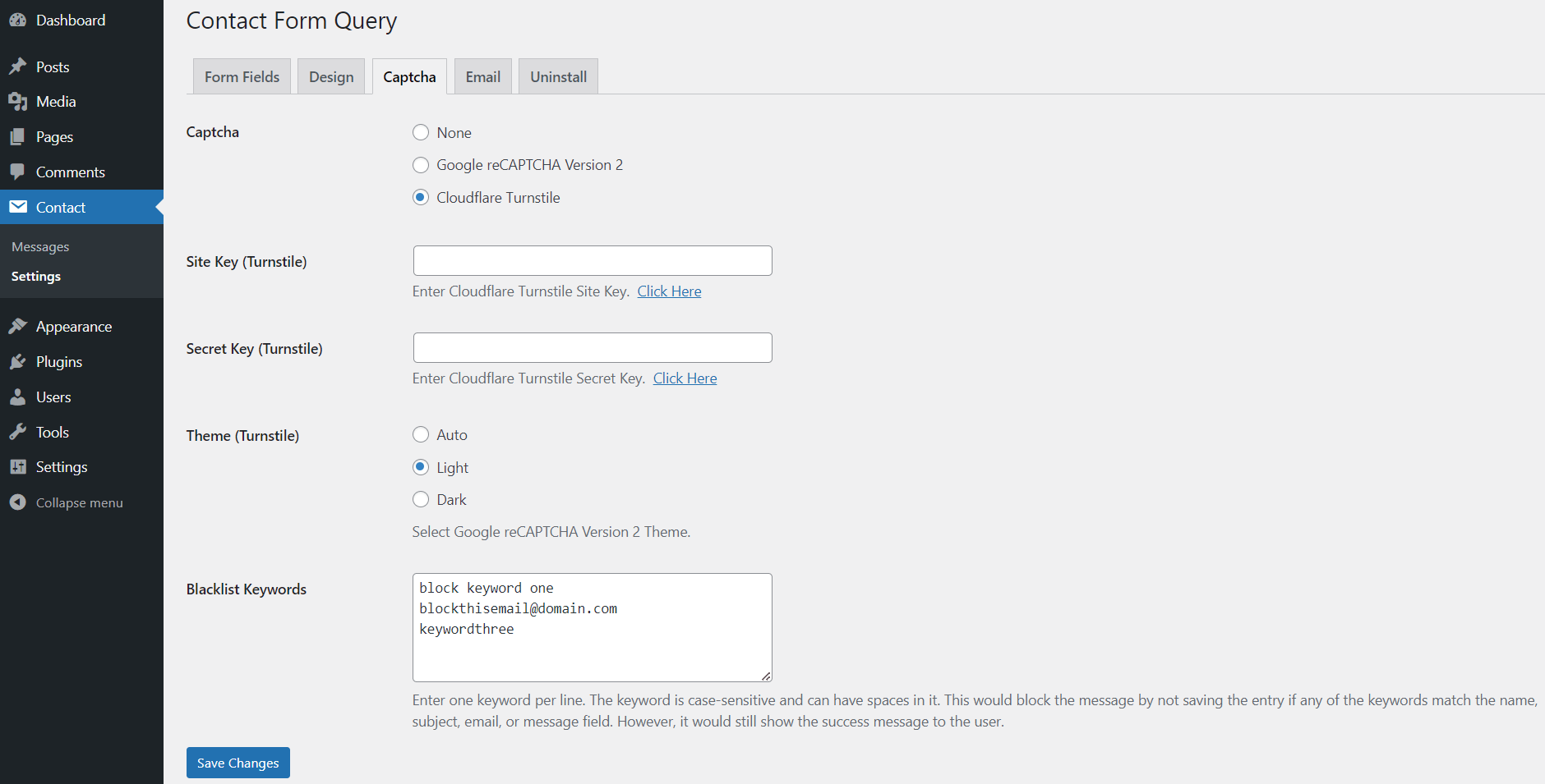 Contact Form Captcha Settings