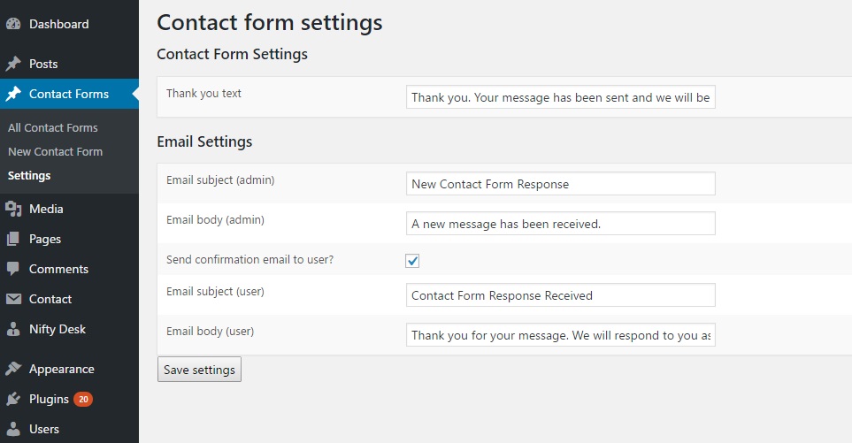 <strong>Contact Form Ready</strong> Back end (contact form settings page)