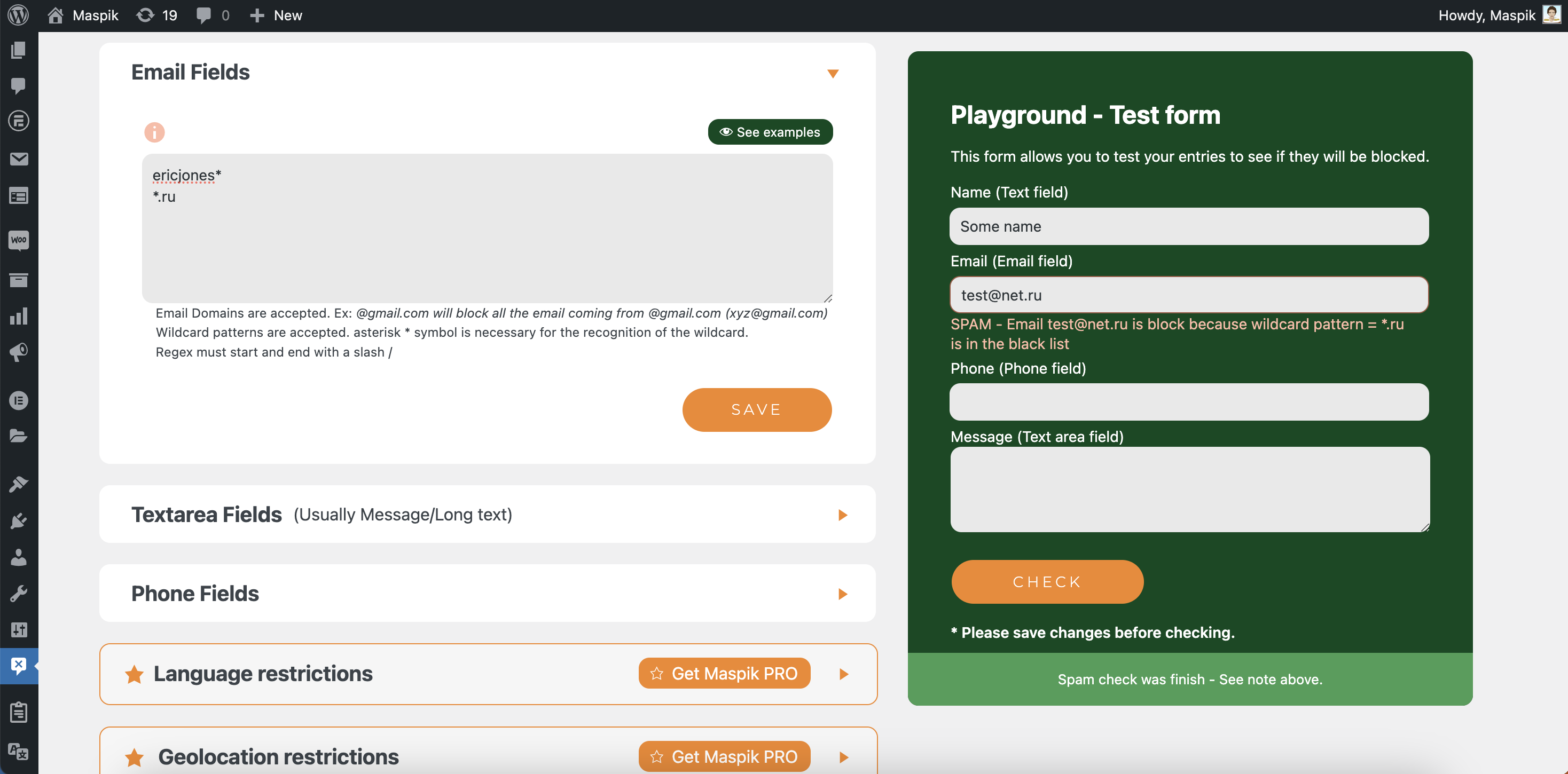 Anti spam settings page
