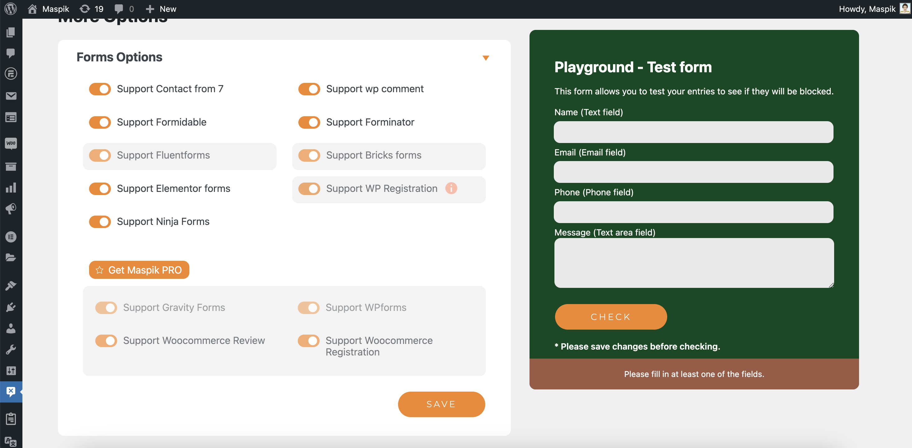 spam filter settings page