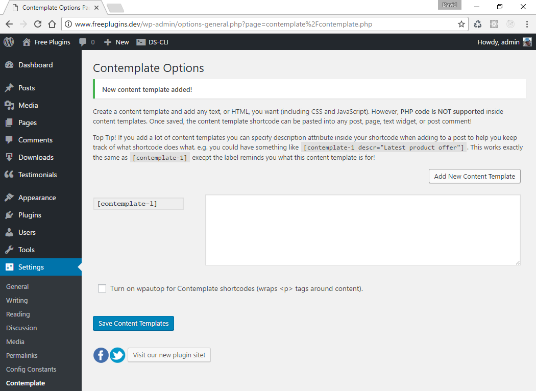Create unlimited content templates via the Plugin settings page.