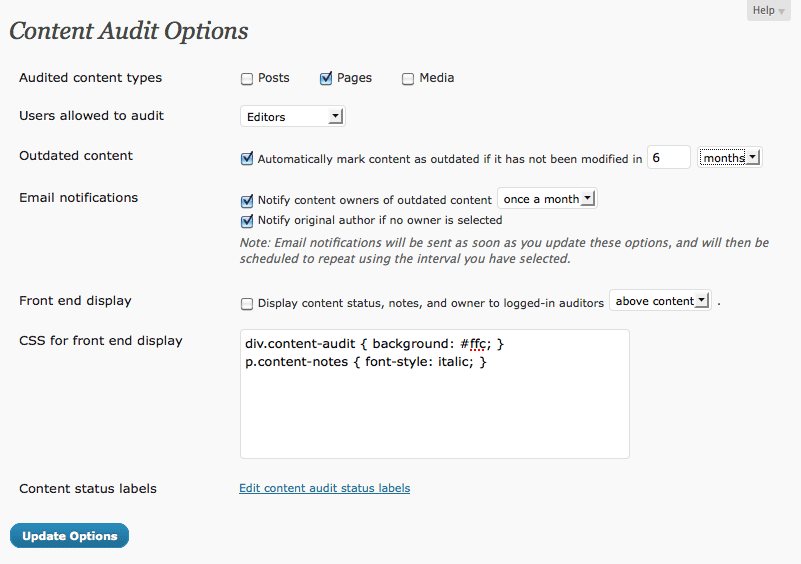 The options screen