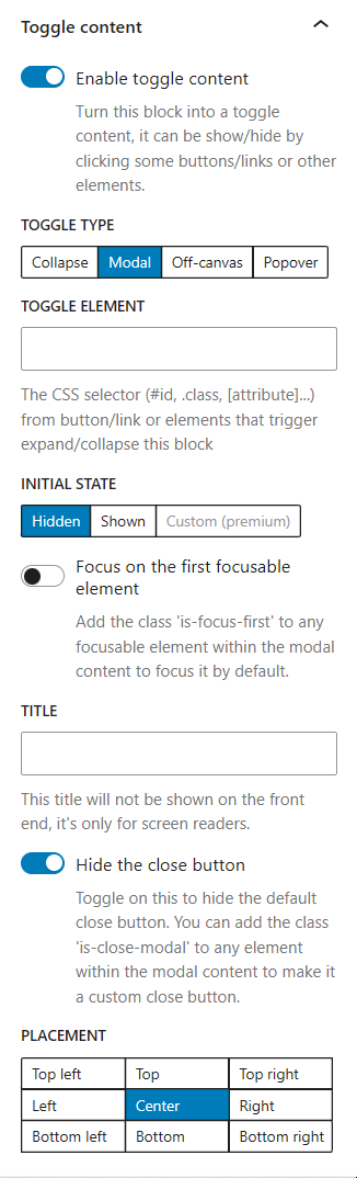<p>Toggle content settings</p>