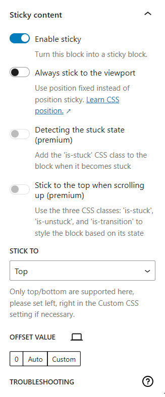 <p>Sticky content settings</p>