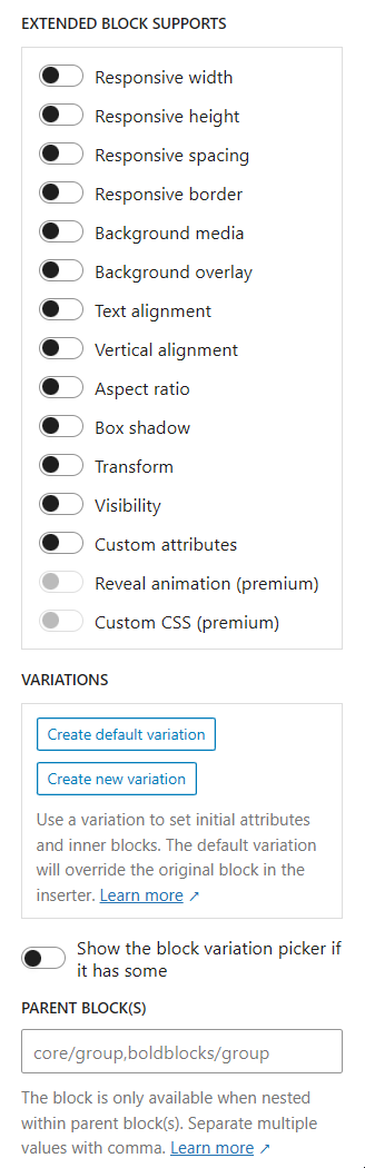 <p>Register block: extended supports, variations</p>
