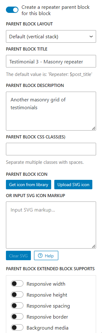 <p>Register repeater block: layout, title, description, CSS class, block icon</p>