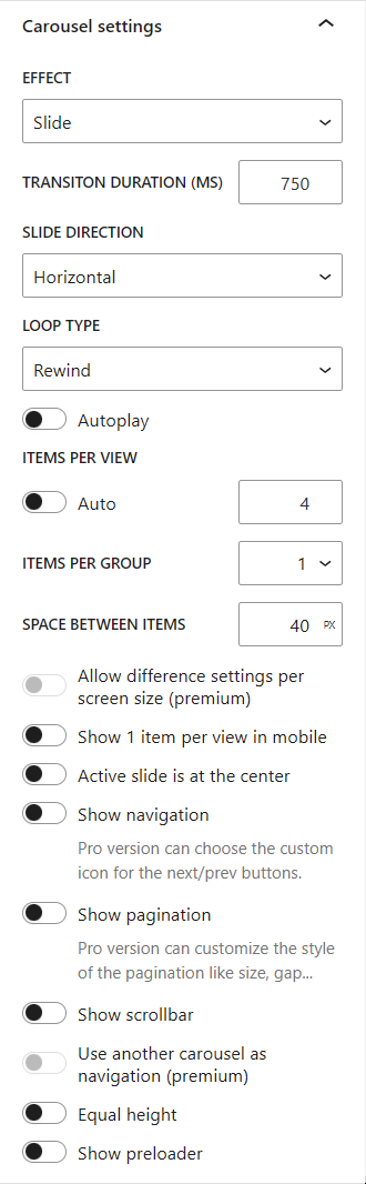 <p>Carousel layout settings</p>