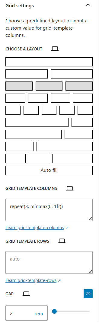 <p>Grid layout settings</p>