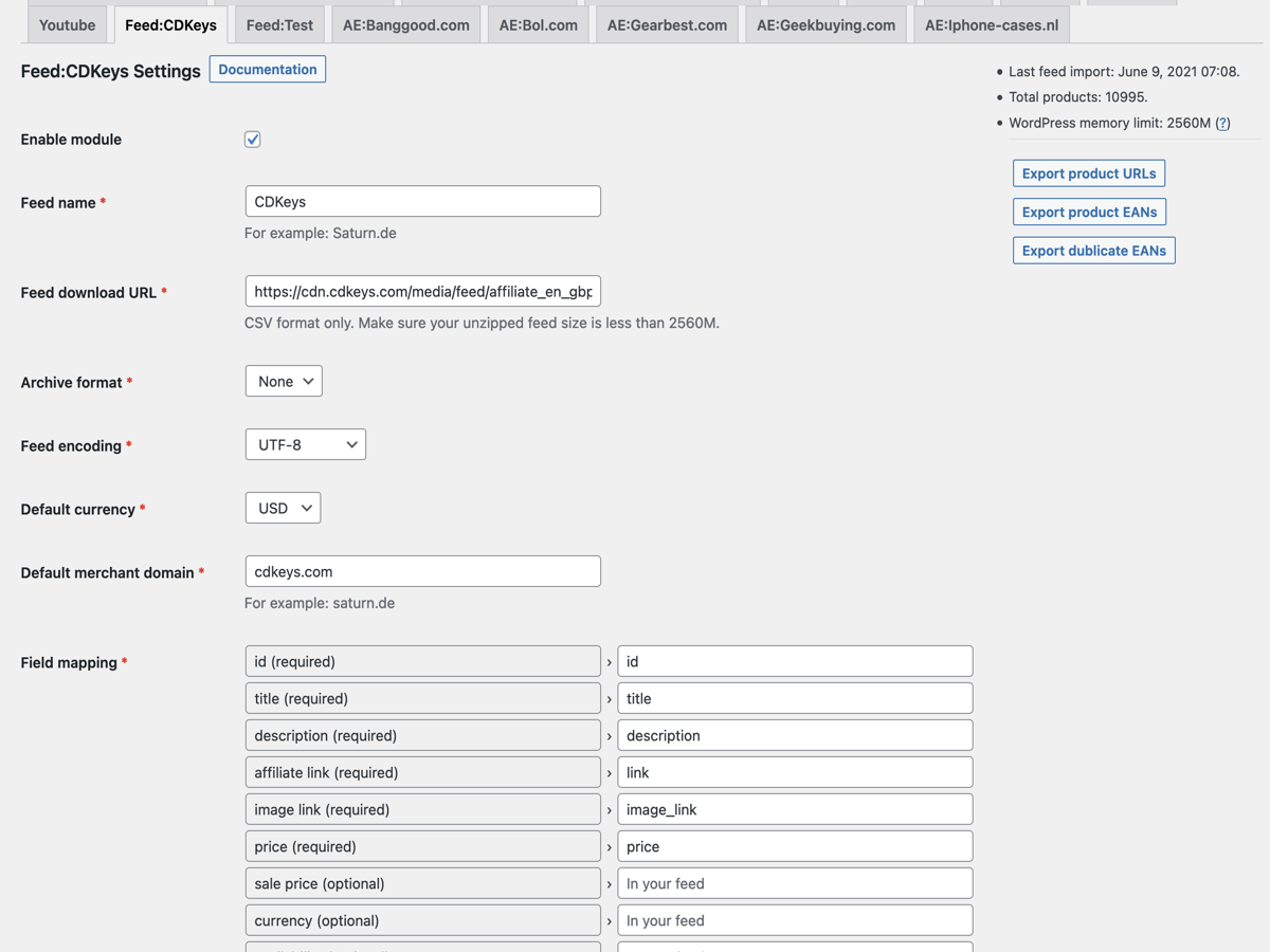 Feed module settings