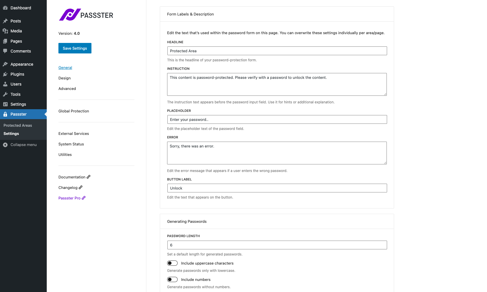 Passster Settings