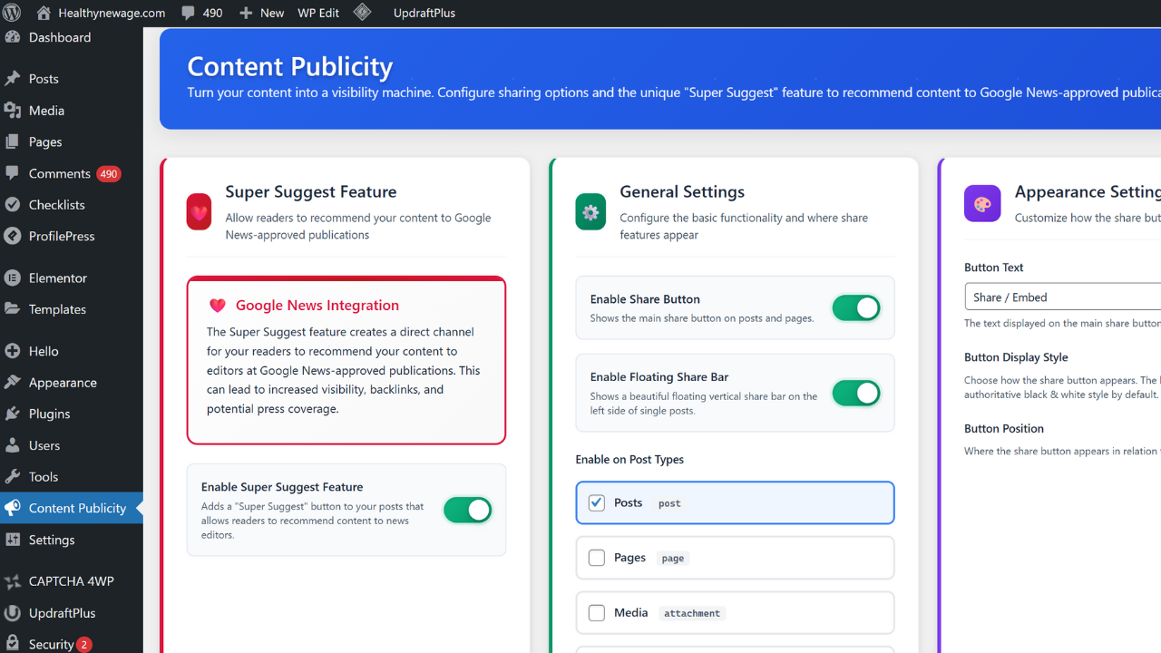 Floating Share Bar in Action - The elegant left-side floating share bar keeps viral sharing options always visible while readers scroll, featuring the distinctive red heart (❤️) Super Suggest button and all major social platforms for comprehensive content marketing coverage.