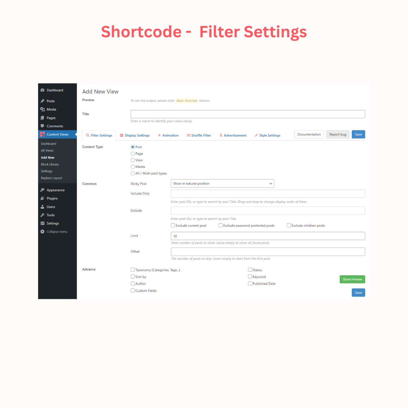 Dynamic filter settings for Shortcode