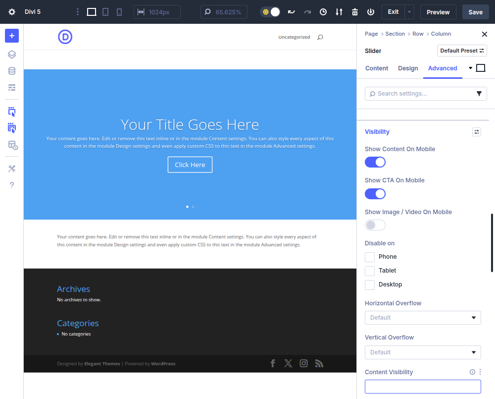 <p>The Content Visibility option in the Divi 5.x interface.</p>