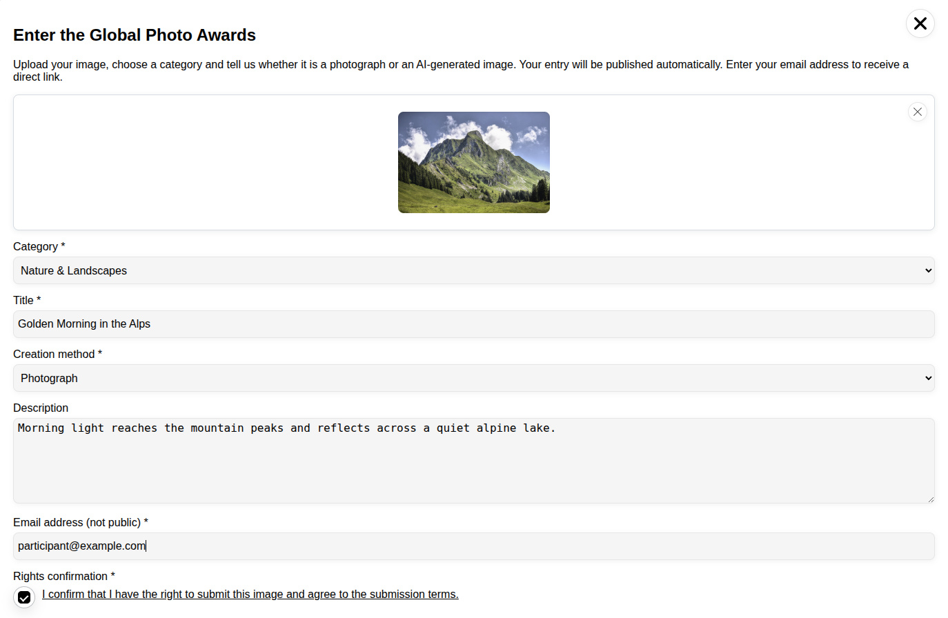 Frontend upload form with image preview, category, title, description and email
