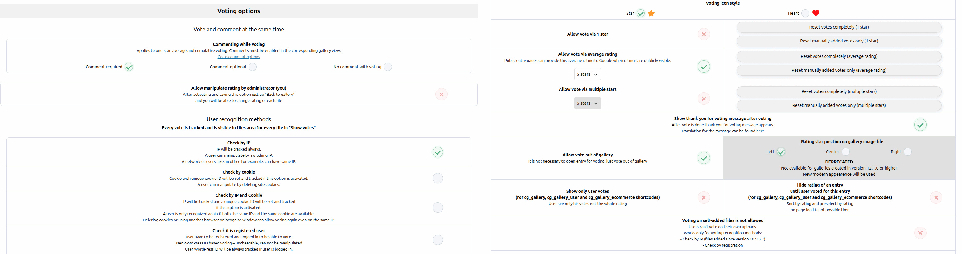 Voting options for rating types, vote-and-comment mode and voter recognition