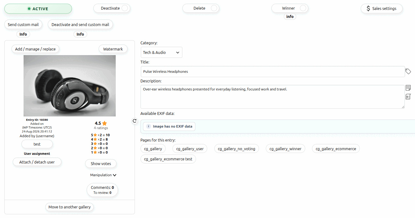 Backend contest entry management with activation, winners, ratings and comments