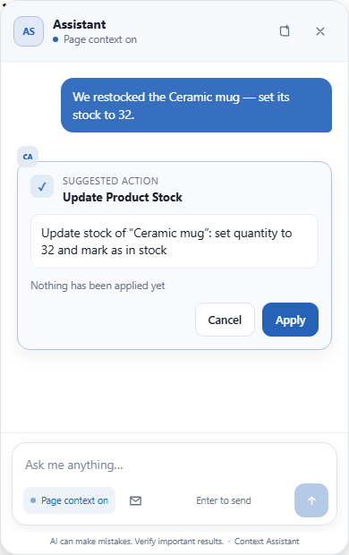 Anything that changes the site stops at a preview card first and runs only after an explicit Apply, under the signed-in user's own WordPress capabilities.