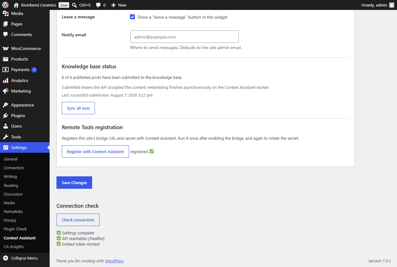 Settings: one connection check for the API, the assistant and the bridge. The secret key is stored encrypted and never shown again.