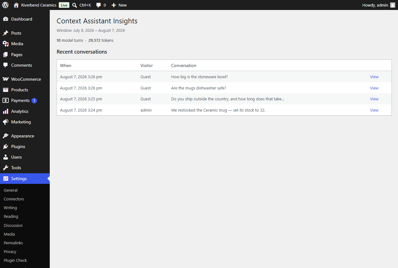 Insights: usage and real conversation transcripts, without leaving wp-admin.