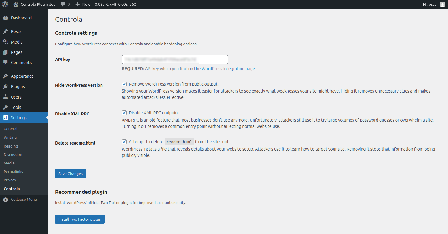 Controla settings page inside WordPress.