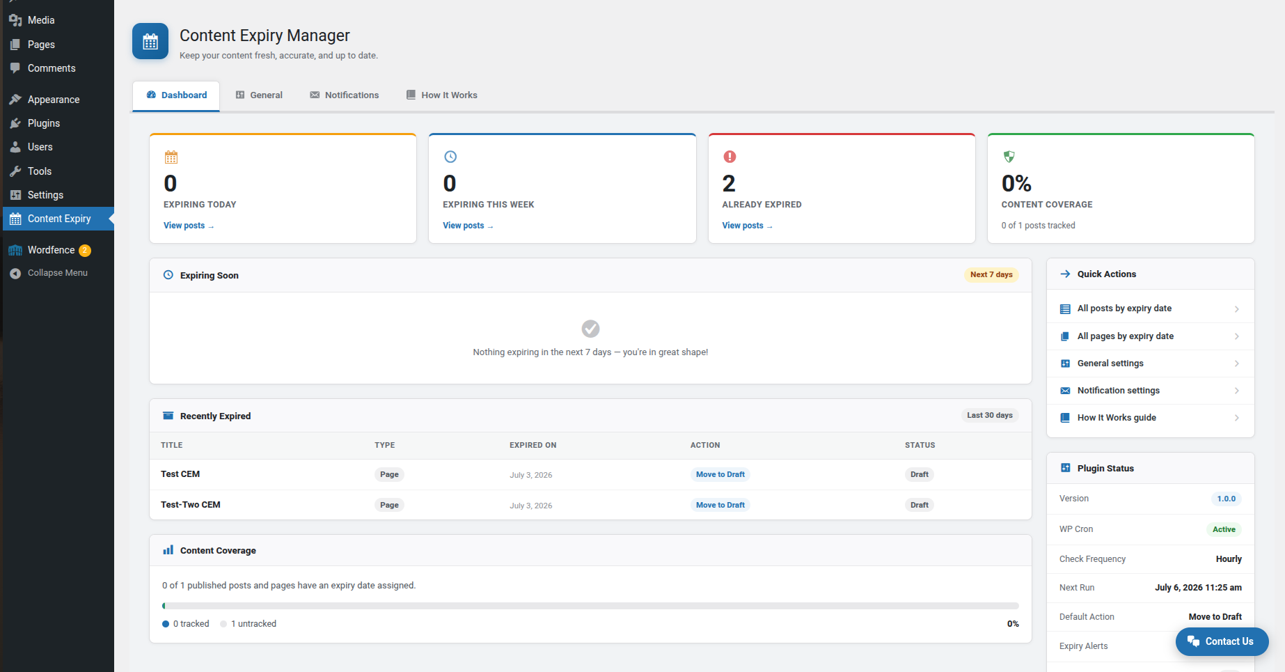 Dashboard tab — expiry stats, expiring-soon list, and content coverage overview