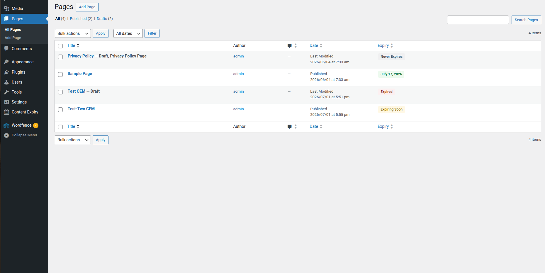 Expiry status column on the Posts list screen with sortable badges