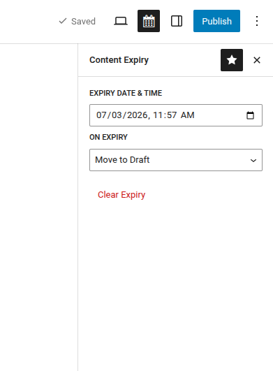 Classic Editor meta box — set expiry date, action, and Clear Expiry button