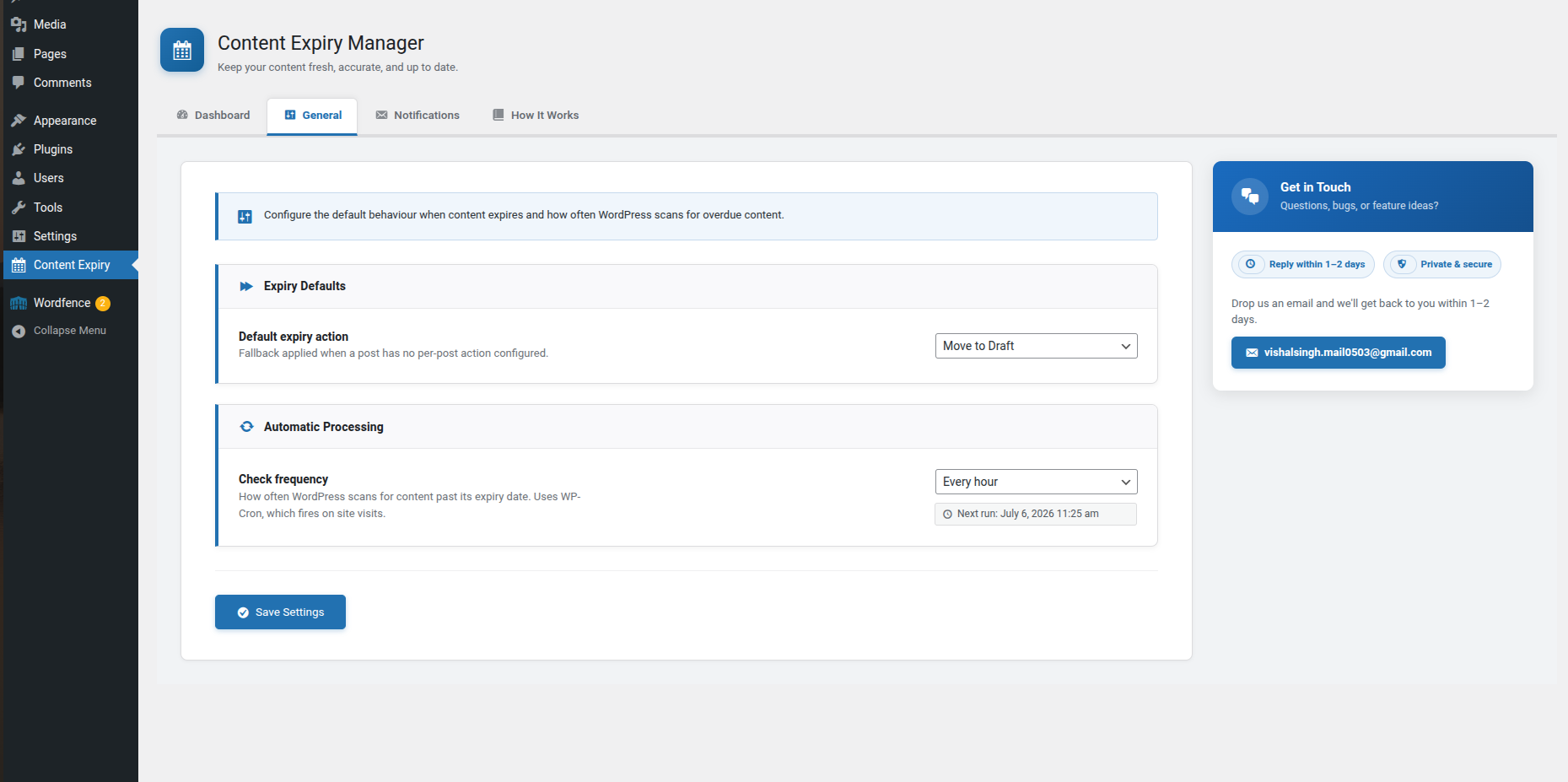 General settings tab — default action and cron frequency
