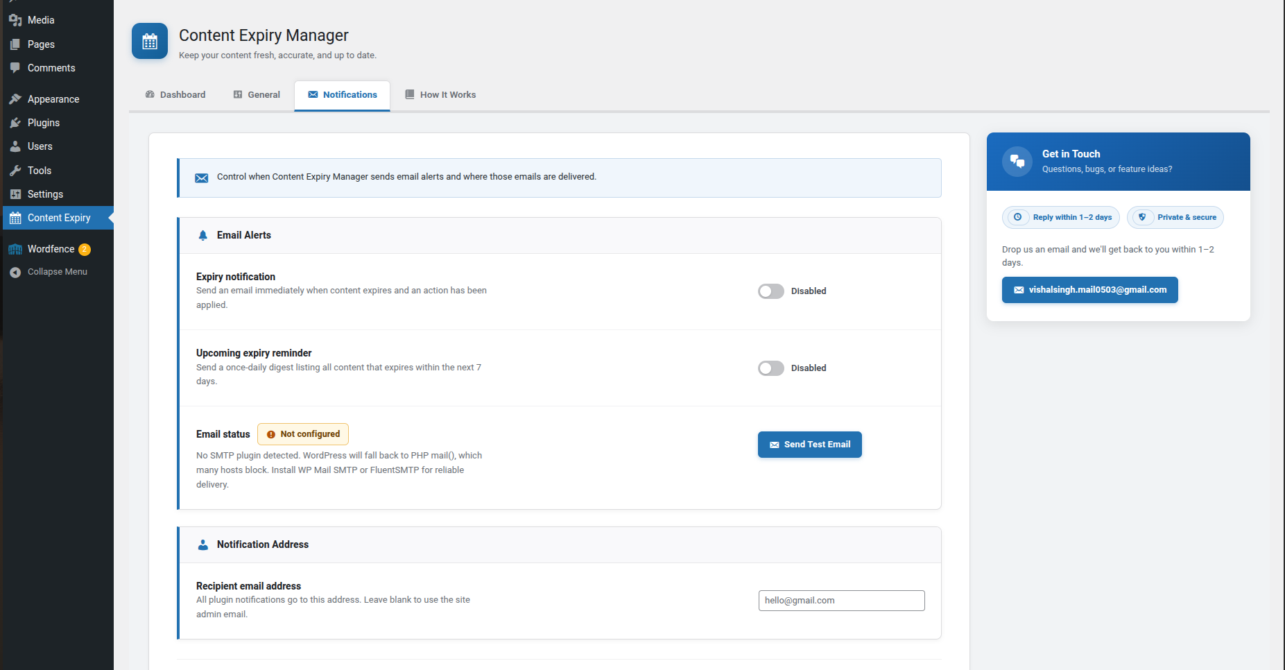Notifications settings tab — email alerts, SMTP status, and test email button