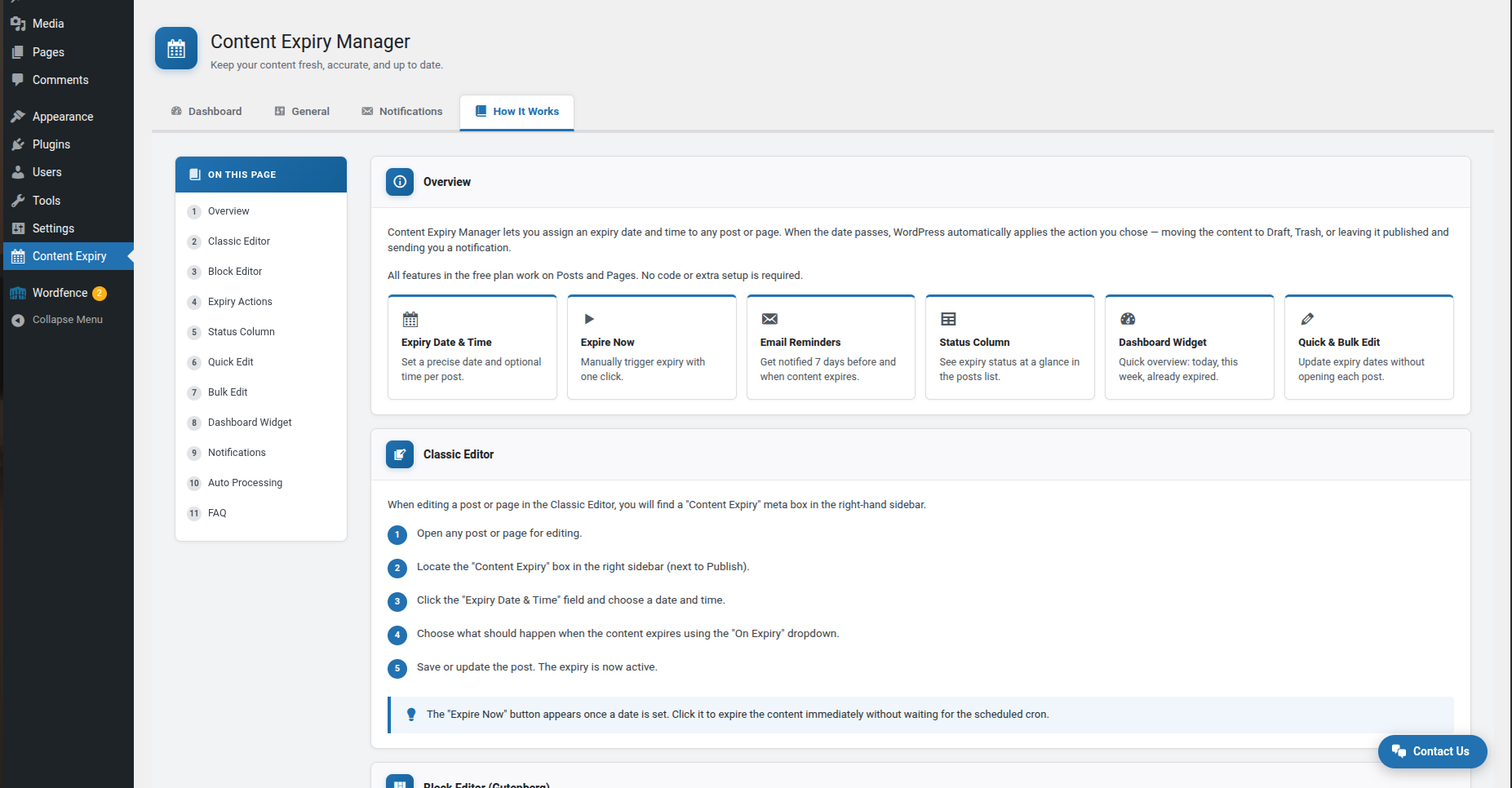 How It Works tab — brief content expiration plugin guide