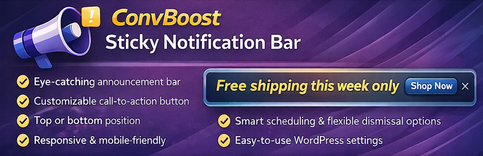 WordPress 外掛 ConvBoost Sticky Notification Bar 的封面圖片。