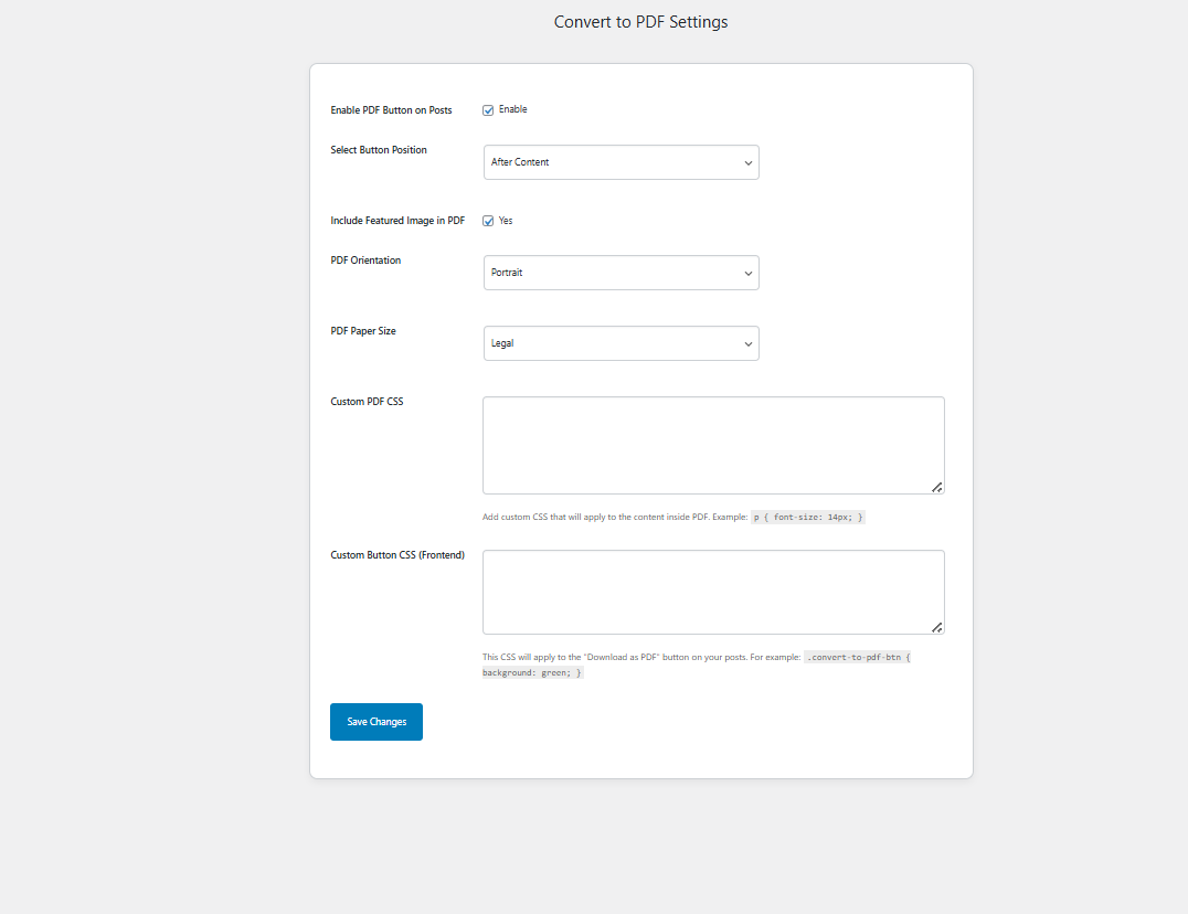 Settings panel with controls for enabling the button, positioning it before/after content, and toggling featured image.